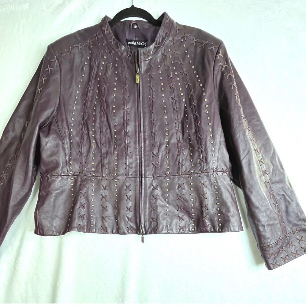 Pamela McCoy Leather Jacket Womens 2X Brown Plum Studded Whipstitch Moto